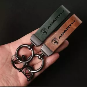 Genuine Leather Key Chain Keyring Horseshoe Engraved Abarth Logo - Foto 1 di 12