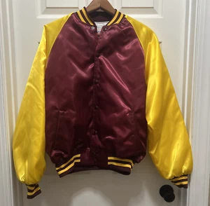 VTG Satin Bomber Jacket Mens L Blank Burgundy Yellow Gold 80s 90s USA Quilted - Picture 1 of 15