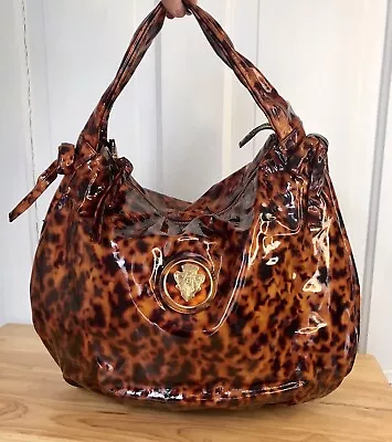 Gucci Leopard Patent Leather Handbag Large Knight Crest Shoulder Tote Bag - Image 1 of 4