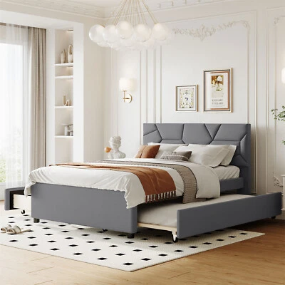 Full/Queen Size Upholstered Platform Bed Frame with Pull Out Trundle Beige/Gray - Image 1 of 4