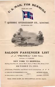 QUEBEC STEAMSHIP PRETORIA 1902 BERMUDA LISTA DE PASAJEROS BERMUDAS + MAPA CORREO DE EE. UU. - Imagen 1 de 6