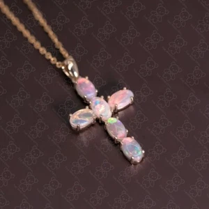 Cross Pendant Australian Solid Opal Necklace 14K Yellow Gold Pendant - Picture 1 of 5
