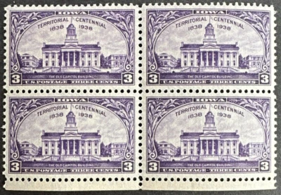 US 1938 Scott # 838 Block of 4 MNH OG Iowa City Capitol - Image 1 of 2