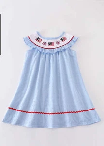 Girl's Boutique Patriotic Blue Swiss Dot Flag Dress Embroidery Embroidered 4th o - Picture 1 of 8