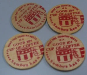 Vtg SAMBO'S RESTAURANT Santa Monica, CA Cup of Coffee Wooden Nickel - Picture 1 of 3