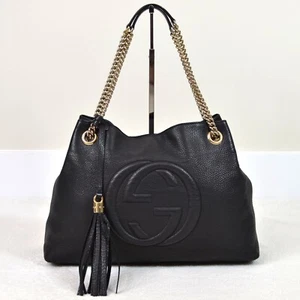 Gucci Soho Black Leather Tassel Double Chain Medium Shoulder Bag Handbag Purse - Picture 1 of 24