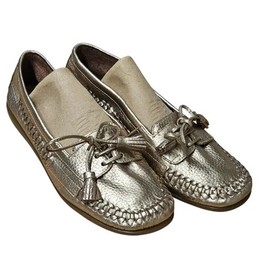 Mocassim de couro aerossóis tamanho 7 feminino com cadarço dourado metálico conforto sem salto Y2k - Imagem 1 de 4