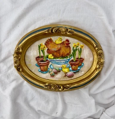 Miniature Framed chicken and chicks Oil Painting: Vintage Farmhouse Décor - Image 1 of 4