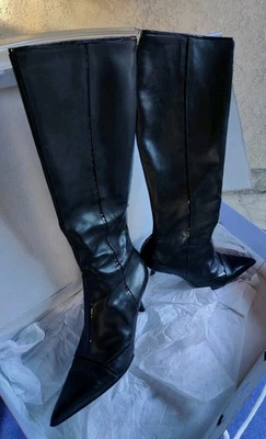 Bota Marc Fisher Kessler Mujer Cuero Negro Cremallera Hasta la Rodilla Talla 8.5M Tacón de Punta Foto 1 de 4