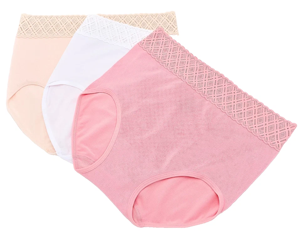 Breezies~Set of 3~Comfort Breeze Lace Edge Briefs~1X~Pink~A679204  11617 - Image 1 of 1
