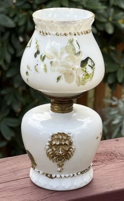19thC Plume & Atwood P&A Miniature Blown in Mold Milk Glass Oil lamp, Lion Mask - Image 1 of 4