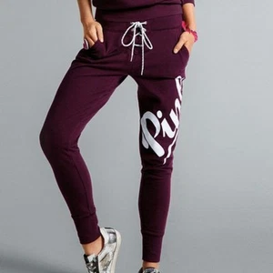 PINK Victoria's Secret Collegiate Pants Jogger SMALL Lace Up Burgundy Logo Ankle - Picture 1 of 9