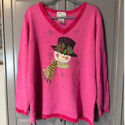 Quacker Factory Embellished Frosty Snowman V Neck Sweater, Pink, L - Image 1 of 4