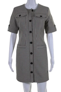 Toccin Womens Check Print Round Neck Short Sleeve Button Up Dress Brown Size 4 - Picture 1 of 6