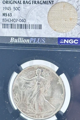 1945 Walking Liberty meio dólar MS 63 bolsa original fragmento NGC #13400 - Imagem 1 de 4