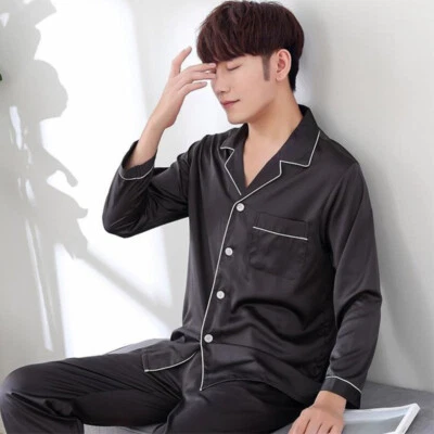 Conjunto de pijama de satén de seda para hombre pijama para hombre ropa de dormir suelta conjunto de pijama regalo de otoño Foto 1 de 4