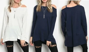 Waffle Knit Long Sleeve One Off Open Cold Shoulder Slit Hem Blouse Tunic Top - Picture 1 of 5