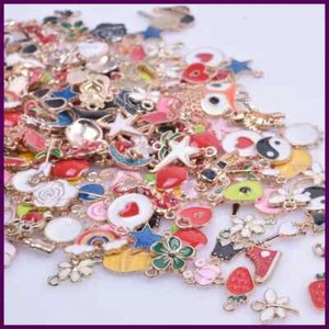 30/50/100PCS Mixed Gold Color Alloy Enamel Cute Heart Flower Fruit Charms - Picture 1 of 51