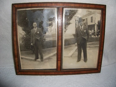 Cadre ancien en bois marqueté+2 photo+verre 19,5 X 15,5 cm - Photo 1/4