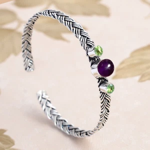 Oval Amethyst & Peridot Cut Gemstone 925 Sterling Silver Dainty Gift Bracelet - Picture 1 of 6