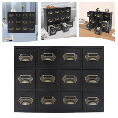 12 Drawers Wooden Desktop Organizer Home Storage Case Cosmetic Dresser Box Black - Image 1 of 4