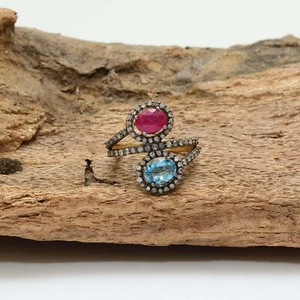 Ruby / Topaz Gemstone & Pave Diamond Ring-925 Sterling Silver- Double Band Ring - Picture 1 of 8