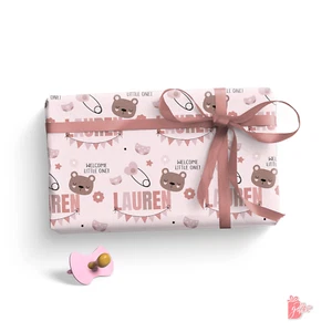 Name Personalized Gift Wrapping Paper Roll Sleeping Baby Bear Newborn Gift Wrap - Picture 1 of 3