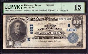 1902 DB $100 FIRST NATIONAL BANK NOTE CURRENCY PITTSBURG TEXAS PMG CHOICE F 15 - Picture 1 of 4