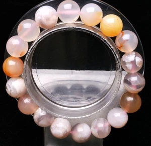 11.3mm Natural Cherry Blossom Agate Quartz Crystal Gemstone Round Beads Bracelet - Picture 1 of 6