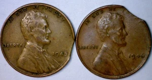 1945 &1946 ERROR CLIPPED Lincoln Wheat Cent Coins Nice Clip 2 Coin LOT FREE SHIP - Picture 1 of 2