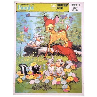 Bandeja rompecabezas marco dorado vintage años 80 Walt Disney Bambi & Friends Thumper Flower Foto 1 de 4