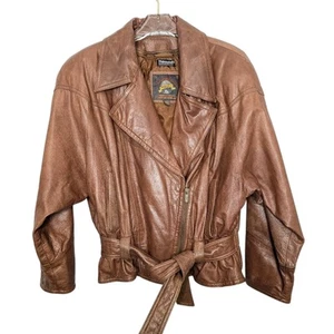 Wilsons Leather Adventure Bound Brown Leather Tie Waist Moto Jacket Pockets L - Picture 1 of 12