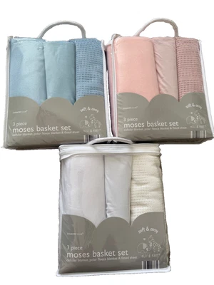 ELLI & RAFF 3 piece Moses Basket Bedding Set. Available in White,Blue and Pink
