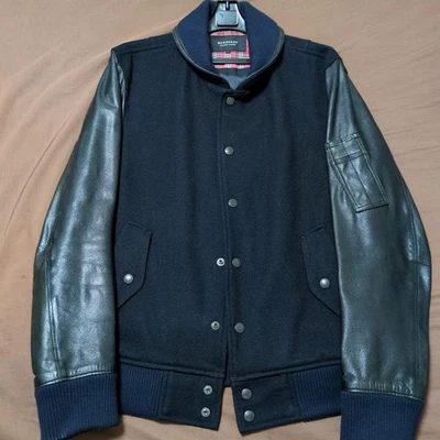 Burberry Black Label Stadium Jacket L Navy Black Leather Sleeves Used #EK BCA - Image 1 of 4