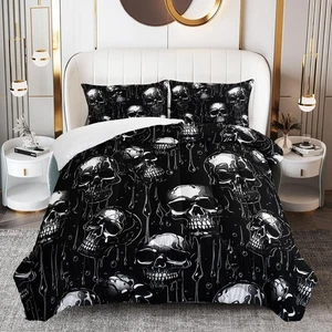 Schwarz Totenkopf Bettdecke Set Full Size, Totenkopf Skelett Weich 3 Teile Bettwäsche Set Fo... - Bild 1 von 9