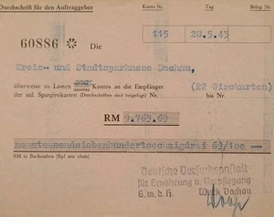 Dachau Work Plant 1943  Money Transfer 9763 RM Concentration Camp WWII - Picture 1 of 3