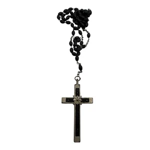 Vintage Italian Rosary with Black Beads & 2” Crucifix Pendant - Picture 1 of 9