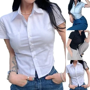 Female Sexy Summer Tops White Crop Shirts Korean Fashion Short Sleeve Blouse - Picture 1 of 32