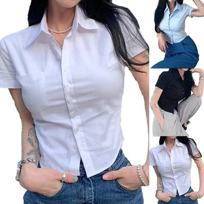 Female Sexy Summer Tops White Crop Shirts Korean Fashion Short Sleeve Blouse - Image 1 of 4