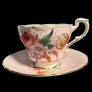 VTG Paragon English Bone China Footed Teacup and Saucer Pink and Floral on White - Picture 1 of 8