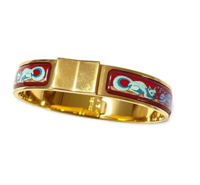 Brazalete vintage Hermes cerámica esmalte dorado click and clack con conejo y zorro Foto 1 de 4