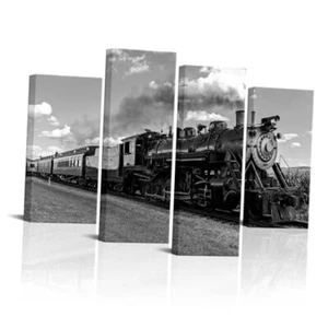 Vintage & White Steam Train Canvas Wall Art - Coal Burning Locomotive Black - Picture 1 of 7