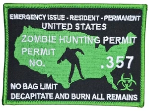 UNITED STATES ZOMBIE HUNTING PERMIT .357 GREEN TACTICAL IRON ON MORALE PATCH - Picture 1 of 2