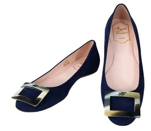 ROGER VIVIER 37.5 Lmtd Ed Navy Horn Buckle Gommette Suede Ballet Flats 7 - Picture 1 of 3