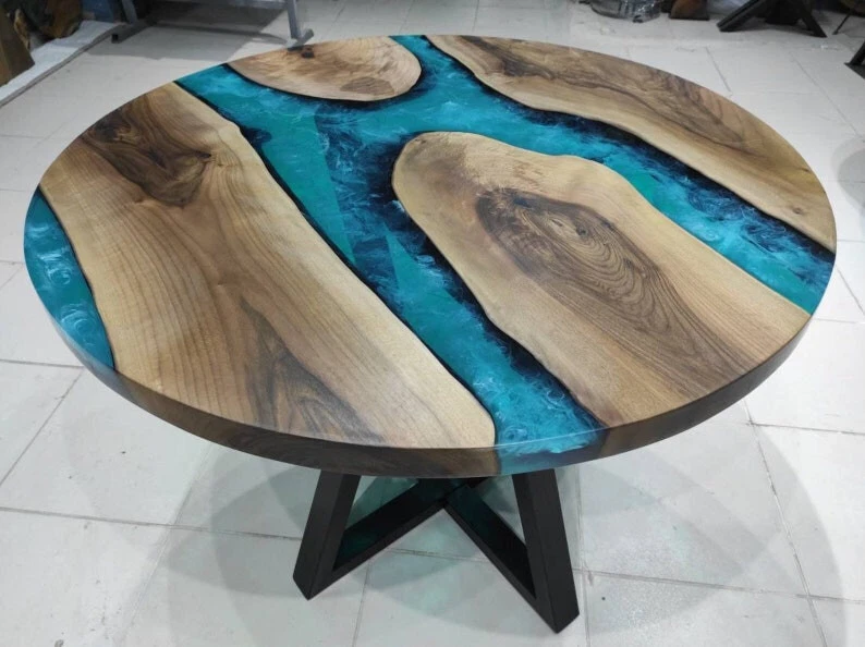 Mesa de centro de resina epoxi turquesa, mesa de río epoxi transparente aspecto antiguo Foto 1 de 4