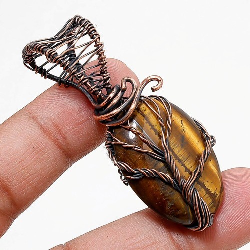 VETEMENTS Ciondolo pietra preziosa occhio di tigre fatto a mano unico filo avvolgente rame gioielli 2 2" i240