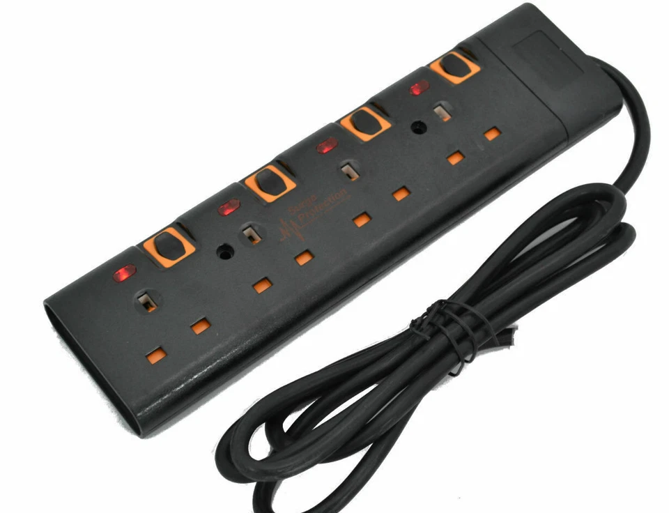 BLACK 5M 4 WAY GANG SWITCHED SURGE PROTECTED EXTENSION LEAD WITH LED INDICATORS - Image 1 of 1