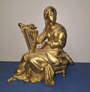 ANTIQUE AMERICAN STATUE SEATED ROMAN LADY WITH HARP MANTLE CLOCK TOPPER c.1880 - Picture 1 of 6