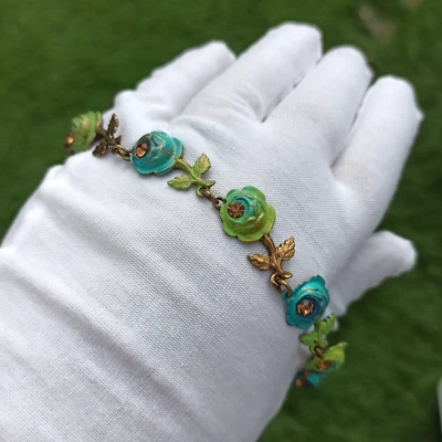 Michal Negrin Bracelet Roses Pastel Bright Blue Green Crystals Statement New Box - Image 1 of 4