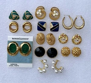 Vintage 80s Post Earrings Gold Tone Enamel Faux Pearl Rhines 925 JJ AK Lot of 11 - Picture 1 of 8